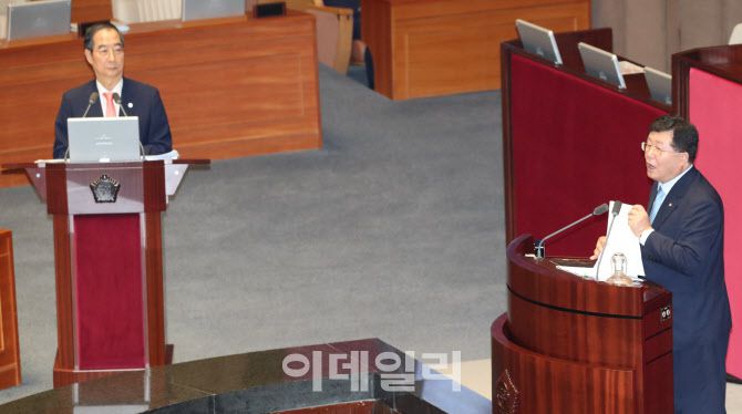 설훈 더불어민주당 의원이 5일 오후 서울 여의도 국회에서 열린 제410회 국회(임시회) 제2차 본회의 정치분야 대정부질문에서 한덕수 국무총리에게 질의하고 있다. (사진=이데일리 노진환 기자)