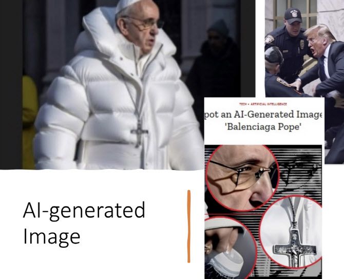‘미드저니’가 만든 가짜 사진들은 아직 완벽한 건 아니다. 프란치스코 교황 사진만 해도 자세히 보면 안경의 그림자가 곡선이고 손이 자세하지 않아 사진과 구별된다. 출처=박아란 고려대 미디어학부 교수