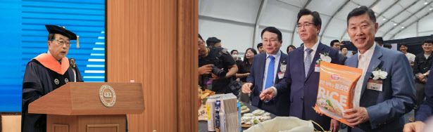 HMM(옛 현대상선) 인수전에 뛰어든 동원그룹의 김재철 명예회장(왼쪽)과 하림그룹의 김홍국 회장(오른쪽에서 첫번째).(사진=동원그룹, 백주아 기자)