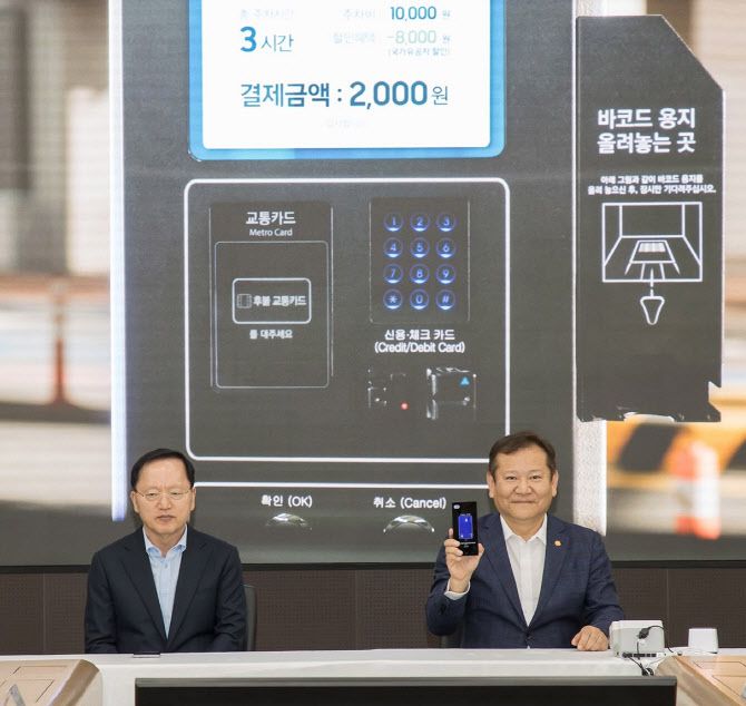 이상민 행정안전부 장관(사진 중앙 우측)과 삼성전자 경영지원실장 박학규 사장(사진 중앙 좌측)이 모바일 신분증 시연에 참여하는 모습