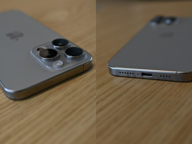 아이폰15 프로맥스의 카메라(왼쪽)와 충전단자. 프로맥스는 광학 5배줌 렌즈를 사용할 수 있고, 최초로 USB-C 타입 충전단자를 도입했다. (사진=김정유 기자)