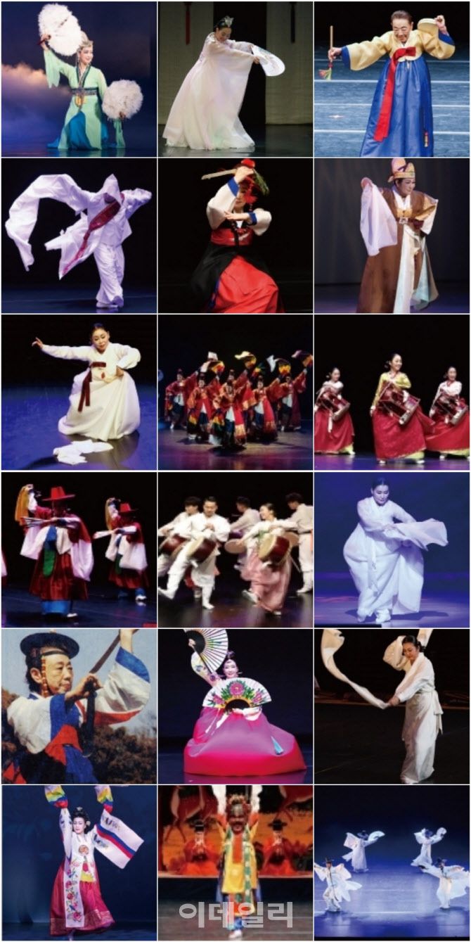 (사진 좌에서 우로 위에서 아래로) ‘2023 한국명작무대제전’ 첫날 공연되는 옥적의 곡, 비상, 진주교방굿거리춤, 승무, 통영검무, 수건춤, 살풀이춤, 큰태평무, 십이체장고춤. 부정놀이춤, 진도북춤, 도살풀이춤, 구음검무, 김백봉부채춤, 처용무, 한량무.