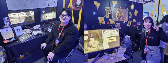 정상하 블랜비 매니저(왼쪽)와 최다연 검귤단 아트 및 기획 담당자가 자사 부스에서 사진촬영을 하고 있다. (사진=김정유 기자)