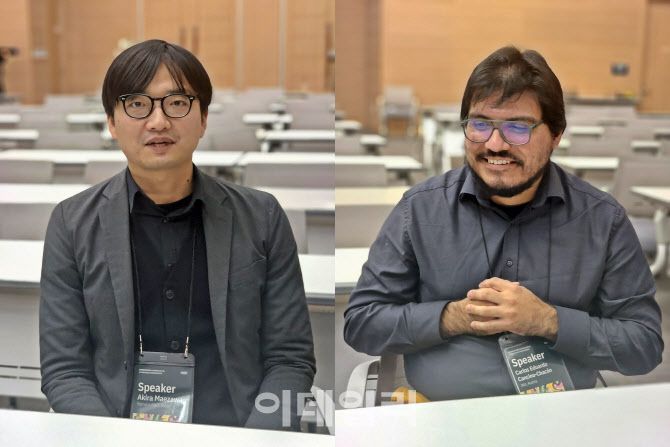 아키라 마에자와 야마하 수석연구원(왼쪽)과 카를로스 에두아르도 칸시노 차콘 오스트리아 요하네스 케플러대 교수(오른쪽).(사진=이데일리 강민구 기자)