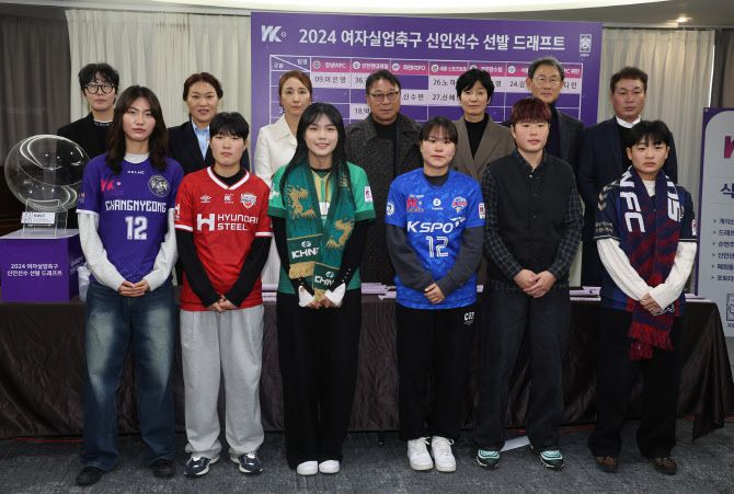 2024 여자실업축구 WK리그 신인선수 선발 드래프트에서 전체 1순위로 선발된 창녕WFC 이은영(아랫줄 맨왼쪽)을 비롯한 선수들이 각팀 감독들과 함께 기념촬영을 하고 있다. 사진=연합뉴스