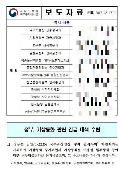 정부는 2017년 12월13일 관계부처 논의를 거쳐 ‘가상통화 관련 긴급 대책’을 발표했다. (자료=국무조정실 등)