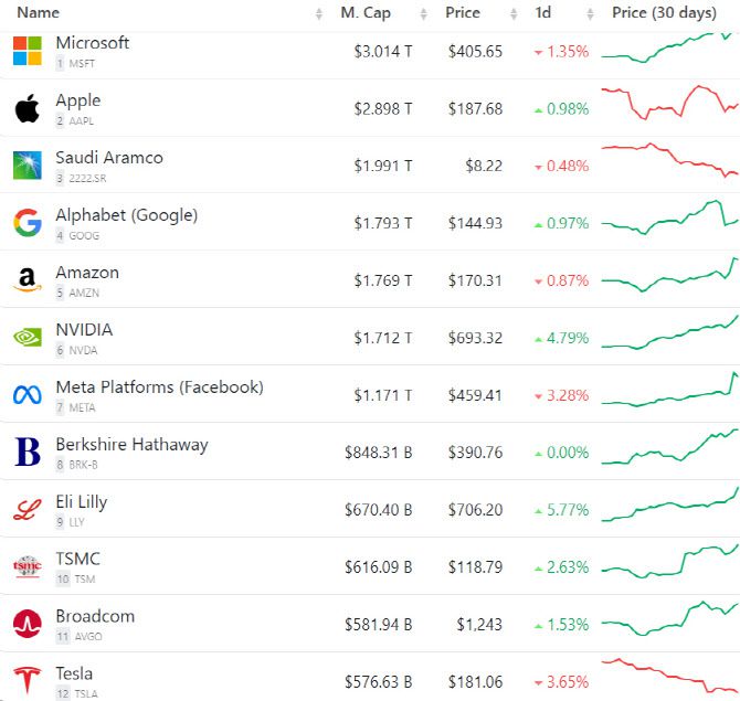 시가총액  10위 기업 (그래픽=컴퍼니스마켓캡)