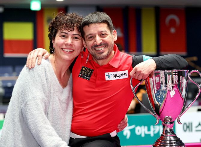 무라트 나지 초클루가 우승 트로피를 앞에 둔 채 아내와 함께 기념촬영을 하고 있다. 사진=PBA 사무국