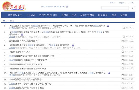 노동신문에서 검색한 윤석열 대통령과 관련된 기사 리스트(사진=노동신문 캡처)