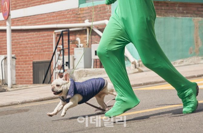 영화 ‘도그데이즈’ 스틸컷. 개가 달리는 장면 촬영을 위해 훈련사가 목줄을 하고 함께 달리고 있다. 실제 영화에서 훈련사와 목줄은 CG로 삭제처리 됐다.