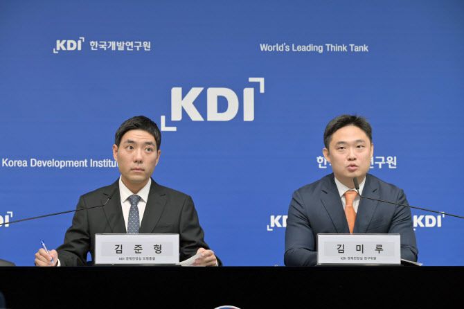 김준형 한국개발연구원(KDI) 경제전망실 모형총괄(왼쪽)과 김미루 KDI 경제전망실 연구위원이 ‘최근 내수부진의 요인분석’에 대해 설명하고 있다.(사진 = KDI)
