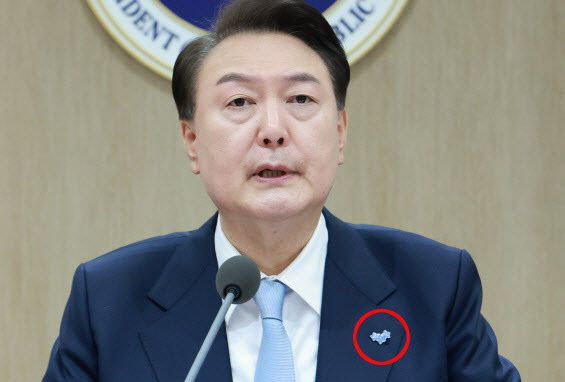 윤석열 대통령이 26일 서울 용산 대통령실 청사에서 열린 국무회의에서 세송이물망초 배지를 달고 참석해 발언하고 있다.(사진=연합뉴스)