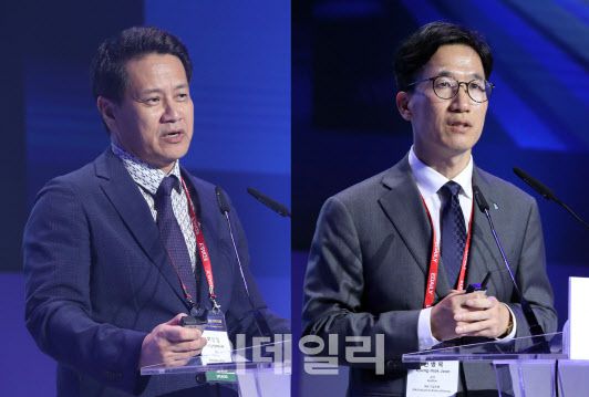 이상협 미국 하와이대 경제학과 교수(왼쪽)와 전병목 IBK기업은행 상임감사가 19일 서울 중구 장충동 서울신라호텔에서 열린 제15회 이데일리 전략포럼(Edaily Strategy Forum 2024)에서 ‘출산친화적 인구정책을 위한 정부 가버넌스의 혁신’을 주제로 발표하고 있다. (사진=노진환 기자)