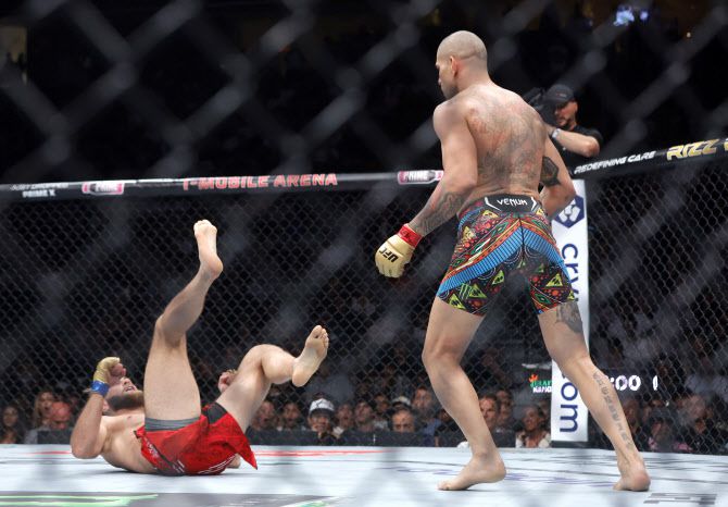 알렉스 페레이라(오른쪽)가 유리 프로하스카를 쓰러뜨리고 있다. 사진=AP PHOTO