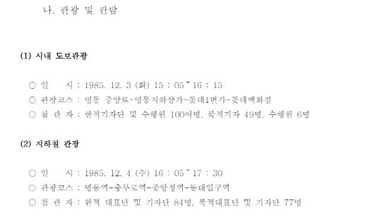 1985년  제10차 북남적십자회담 당시 동행했던 북한 기자들의 관광 일정표(사진=통일부)