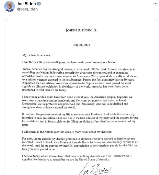 조 바이든 미국 대통령이 21일(현지시간) 엑스(X·옛 트위터)에 게재한 사퇴 성명.