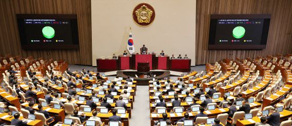 지난 5일 오후 국회에서 열린 본회의에서 야당 주도로 ‘노란봉투법’(노동조합·노동관계조정법 개정안)이 통과되고 있다. (사진=연합뉴스)