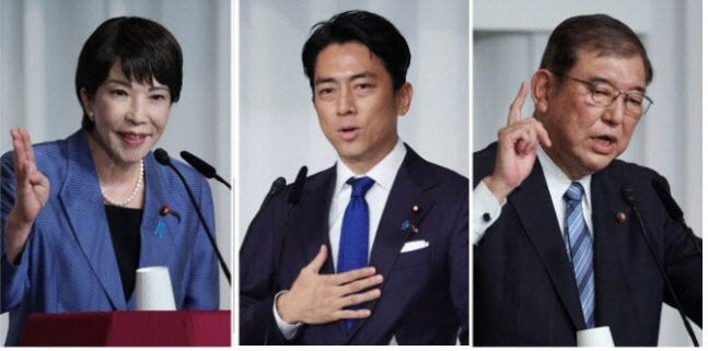 (왼쪽부터) 다카이치 사나에 경제안보상, 고이즈미 신지로 전 환경상, 이시바 시게루 전 간사장(사진=AFP)