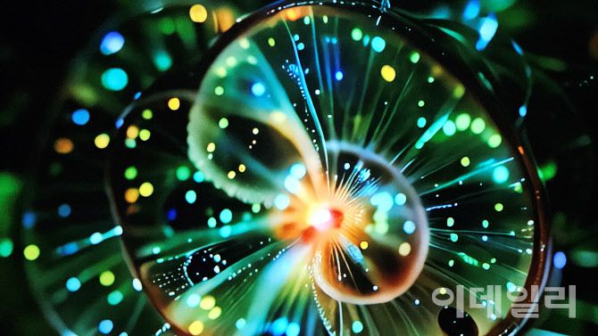 아니카 이의 16분짜리 영상작품 ‘산호 가지는 달빛을 길어 올린다’(2024) 중 한 장면. 죽음 이후를 탐구하는 작가의 대규모 프로젝트 ‘공’(公) 중 첫 번째 작품으로 지난 10년간 만든 작업물을 AI에 학습시킨 뒤 만든 결과물이다(사진=오현주 문화전문기자).