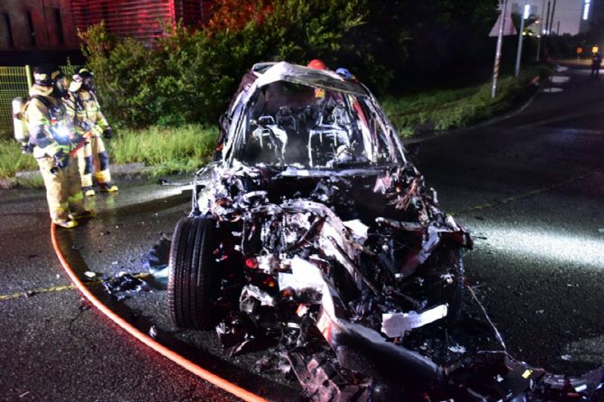 지난 9월 22일 오전 3시 50분께 광주 광산구 산월동의 한 도로변에서 일어난 교통사고. (사진=광주 광산소방서)