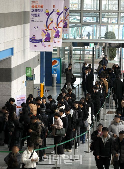 지난 1월14일 서울 서초구 aT센터에서 기획재정부 주최로 열린 ‘2025 공공기관 채용정보박람회’를 찾은 구직자들이 입장을 하기위해 줄을 서고 있다. (사진=이데일리 방인권 기자)