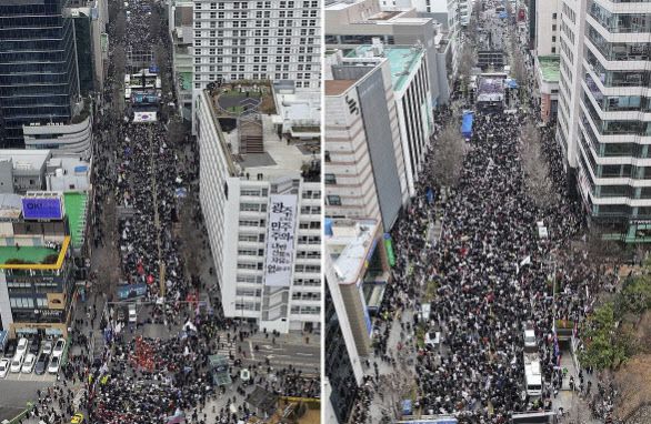15일 오후 광주 동구 금남로에서 경찰버스로 만든 차벽을 사이에 두고 윤석열 대통령 탄핵에 찬성(왼쪽 사진), 반대(오른쪽 사진)하는 집회가 각각 열리고 있다. (사진=연합뉴스)