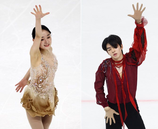 한국 피겨 스케이팅이 국제대회에서 사상 처음으로 남여 우승을 휩쓸었다. 사진은 13일 하얼빈 동계 아시안게임 싱글 프리스케이팅에서 연기를 펼치는 김채연(왼쪽 사진)과 차준환(오른쪽 사진). 사진=연합뉴스