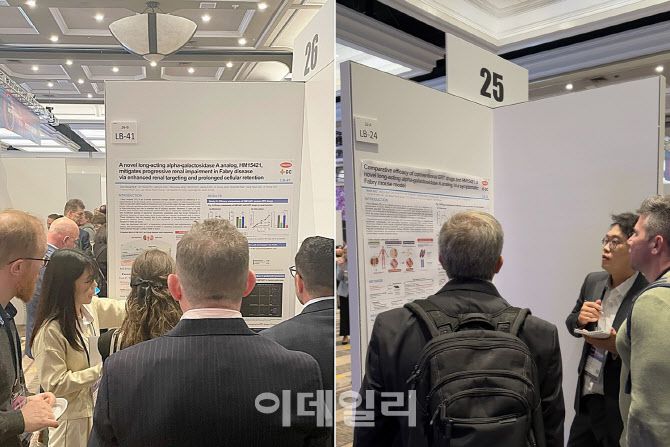 한미약품 R&D센터 박초롱 파트장(왼쪽 사진)과 김원기 연구원(오른쪽 사진)이 4일(현지 시각) 열린 ‘월드 심포지엄(WORLD Symposium 2025)’에서 파브리병 치료제 ‘LA-GLA(코드명 : HM15421/GC1134A)’의 주요 연구 내용이 담긴 포스터를 토대로 참석자들에게 설명하고 있다.(제공= 한미약품)