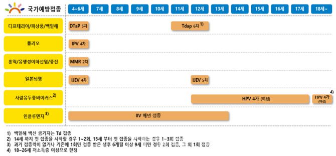 학령기 연령별 국가예방접종 대상 감염병 및 백신(자료=질병관리청)