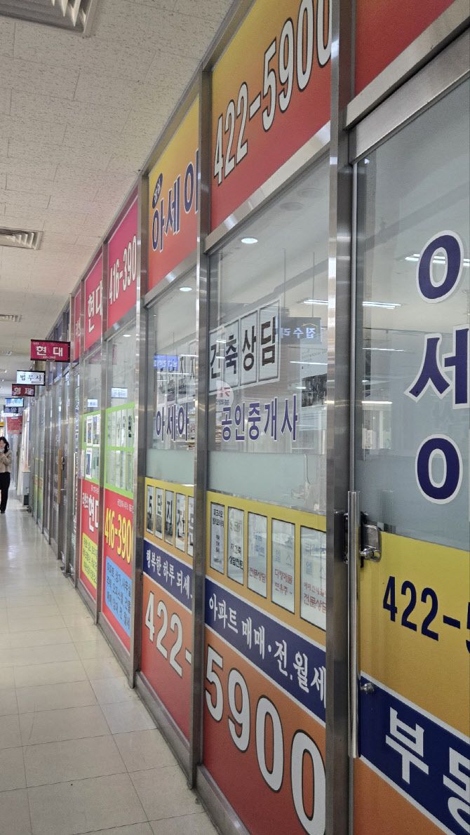 잠실 리센츠 아파트 1층 상가 내부에는 부동산 중개업소들이 줄지어 있다.(사진=최정희 이데일리 기자)