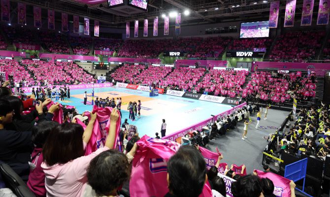 흥국생명 팬들이 ‘철쭉 보자기’를 들고 응원전을 펼치고 있다. 사진=흥국생명