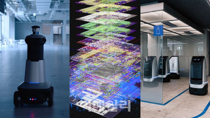 매핑 로봇(왼쪽), 디지털 트윈(중앙), 서비스 로봇 루키(오른쪽). 매핑 로봇이 3차원 지도를 만들고, 이 지도를 클라우드에 올리면, 서비스 로봇들은 이 지도를 기반으로 원활하고 완성도 높은 서비스를 제공한다. (사진=네이버)