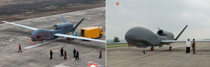 김정은 북한 국무위원장이 지난 25~26일 ‘무인항공기술연합체’와 ‘탐지전자전연구집단’을 방문해 국방과학연구사업을 현지지도했다고 조선중앙통신이 27일 보도했다. 방문 현장에서 공개된 ‘21070601’ 일련번호가 표시된 글로벌호크를 닮은 신형 무인전략정찰기(좌)는 기존에 선보인 ‘샛별-4형’과 외형이 변경된 것으로 확인됐다. (사진=연합뉴스)