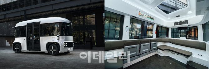 오토노머스에이투지가 자체 개발 및 제작한 레벨4 무인 자율주행 로보셔틀 ‘로이’ 외부(왼쪽)와 운전석이 없는 내부 모습.(사진=오토노머스에이투지)