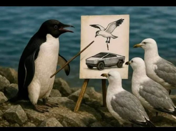 펭귄이 일론 머스크 테슬라 CEO를 겨냥하는 듯 갈메기 세 마리에게 사이버 트럭 위에 배설물을 투척하라고 지도하는 밈. (사진=X 갈무리)