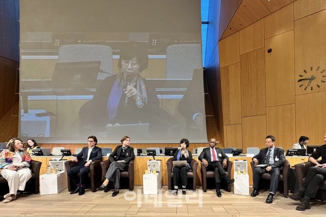 정향미 문화체육관광부 저작권국장이 10일(현지시각) 스위스 제네바에서 열린 세계지식재산기구(WIPO) 제46차 저작권상설위원회(SCCR)에서 한국의 인공지능 저작권제도를 주제로 발표하고 있다. (사진=문체부)