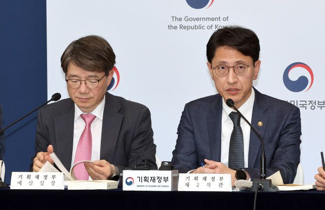 김윤상 기획재정부 2차관(오른쪽)이 지난 17일 정부세종청사 민원동 공용 브리핑실에서 2025년 추가경정예산안 상세 브리핑을 하고 있다. (사진=연합뉴스)