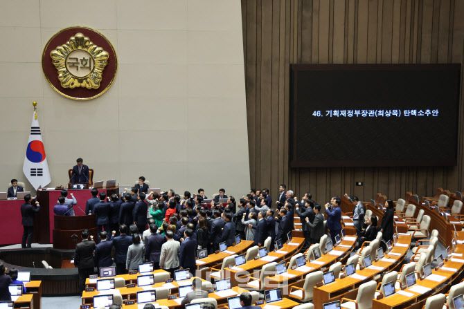 지난 1일 서울 여의도 국회에서 열린 제424회 국회(임시회) 제7차 본회의에서 국민의힘 의원들이 최상목 탄핵소추안 상정에 반발하며 우원식 국회의장을 찾아가 규탄하고 있다.(사진=뉴시스)