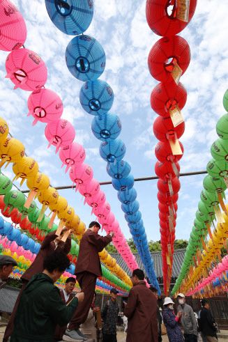 불기 2569년 부처님 오신 날인 5일 오전 대구 동구 동화사를 찾은 불자들이 대웅전 앞 봉축 연등에 소원지를 매달고 있다. (사진=뉴스1)