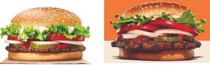 2022년 소송 후 버거킹이 바꾼 와퍼 이미지(왼쪽).