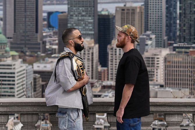 UFC 315에서 웰터급 타이틀전을 펼치는 챔피언 벨랄 무하마드와 도전자 잭 델라 마달레나가 페이스 오프를 하고 있다. 사진=UFC