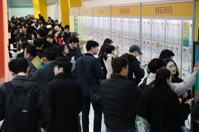 지난 3월 19일 서울 서초구 aT센터에서 열린 ‘2025 대한민국 채용박람회’에서 구직자들이 채용공고게시대를 보고 있다.(사진=연합뉴스)