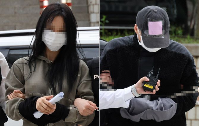 축구 국가대표팀 주장 손흥민의 아이를 임신했다고 주장하며 손씨에게 돈을 뜯어내려 한 20대 여성 양모씨(왼쪽)와 40대 남성 용모씨가 지난 17일 영장실질심사를 받기 위해 서울중앙지법에 들어서고 있다. (사진=연합뉴스)