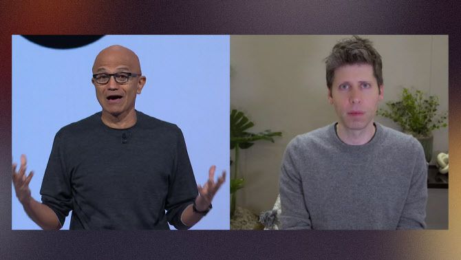 사티아 나델라 MS CEO(왼쪽)와 샘 올트먼 오픈AI CEO가 ‘빌드 2025’ 행사에서 대담하고 있다. (사진=MS 빌드 영상 캡처)