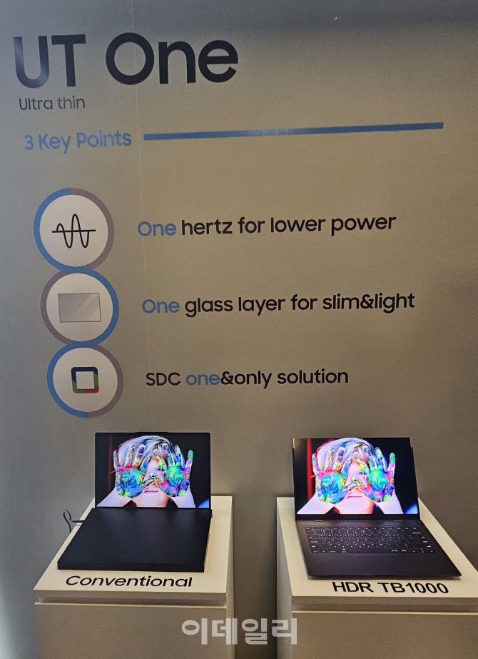 삼성디스플레이가 컴퓨텍스에서 처음으로 선보인 ‘UT One’ 기술. 소비전력을 30% 더 줄일 수 있어 배터리 용량을 높여주고30% 더 얇고, 30% 더 가벼운 특징으로 휴대편의성을 높일 수 있다. (사진=김아름 기자)