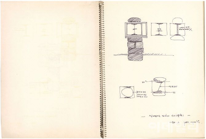 박현기의 ‘1980년 스케치북’ 중 부분(1978~1980). TV 모니터를 돌 사이에 박아 세운 설치작품 ‘무제’(1979)가 탄생하기까지의 과정을 엿보게 한 드로잉이 실려 있다. 1980년대부터 제작한 드로잉·스케치북은 200여 점에 달한다. 일부는 실현되기도 했고 일부는 아이디어 스케치로만 남았다. 종이에 연필·펜, 26×35.5㎝(22쪽). 국립현대미술관 소장.