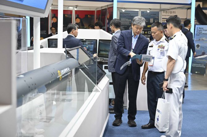 28일 부산 벡스코(BEXCO)에서 열린 ‘국제해양방위산업전(MADEX) 2025’에서 행사에 참가한 외국군들이 전시장을 관람하고 있다. (사진=해군)