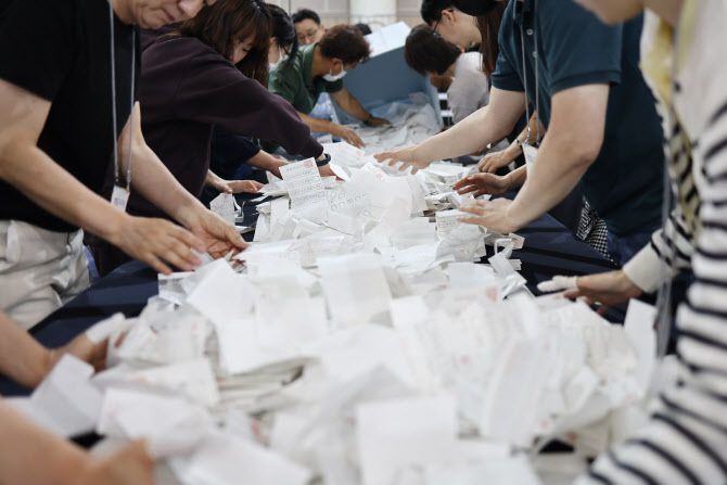 제21대 대통령선거일인 3일 서울 서대문구 명지전문대 체육관에 마련된 개표소에서 개표 작업이 진행되고 있다. (사진=연합뉴스)