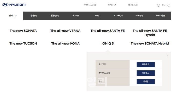 현대차는 홈페이지를 통해 자사 제품에 사용된 소스 코드를 차종별로 공개하고 있다. (사진=현대차 홈페이지 갈무리)