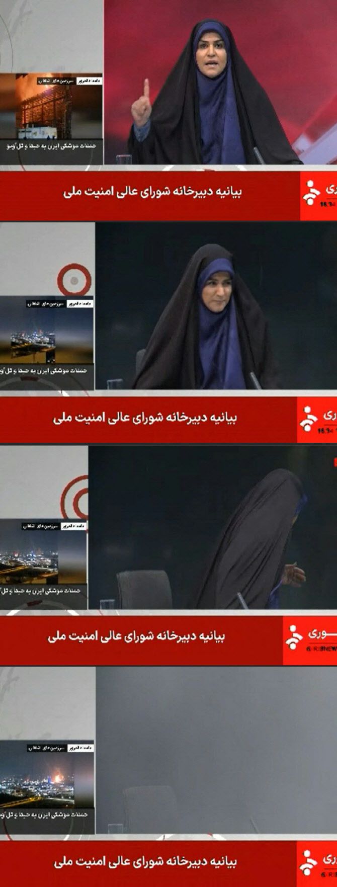 16일, 이란 국영 IRINN 뉴스가 방송한 영상에서 캡처한 이미지들에는 뉴스 진행자가 뉴스를 전하는 모습, 갑작스러운 폭음에 반응하는 장면, 급히 자리를 떠나는 모습, 그리고 연기 속에 휩싸인 의자와 마이크가 순차적으로 담겨 있다.(사진=AFP/IRINN)